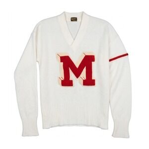 Imperial Vtg Letterman Sweater Mens 44 Cream‎ Red M Patch Orlon V-Neck 50s 60s